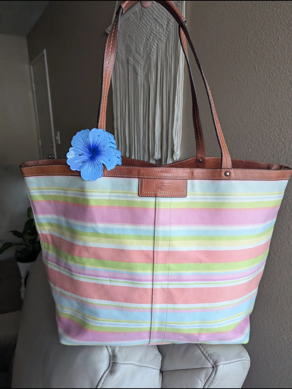 vintage Coach Hampton Pastel Striped Canvas Tote Bag